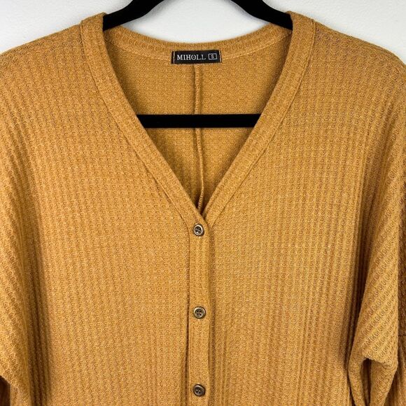 Miholl Rust Orange Gold Waffle Knit Thermal T Shirt Long Sleeves Button Front S - Picture 2 of 11